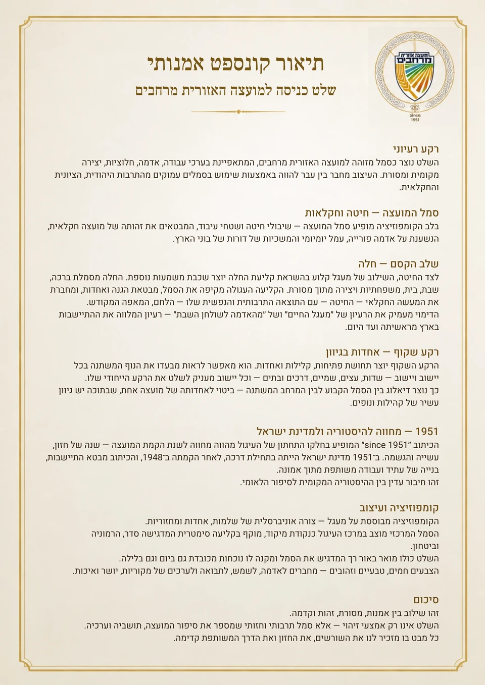 תיאור הקונספט האמנותי במלואו לאחר הגהה: הרקע הרעיוני, הסמל החקלאי, הקליעה, השקיפות והקומפוזיציה